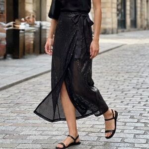 Something Navy Wrap Sequin Midi Skirt black lined side bow sizes XS & M NWOT